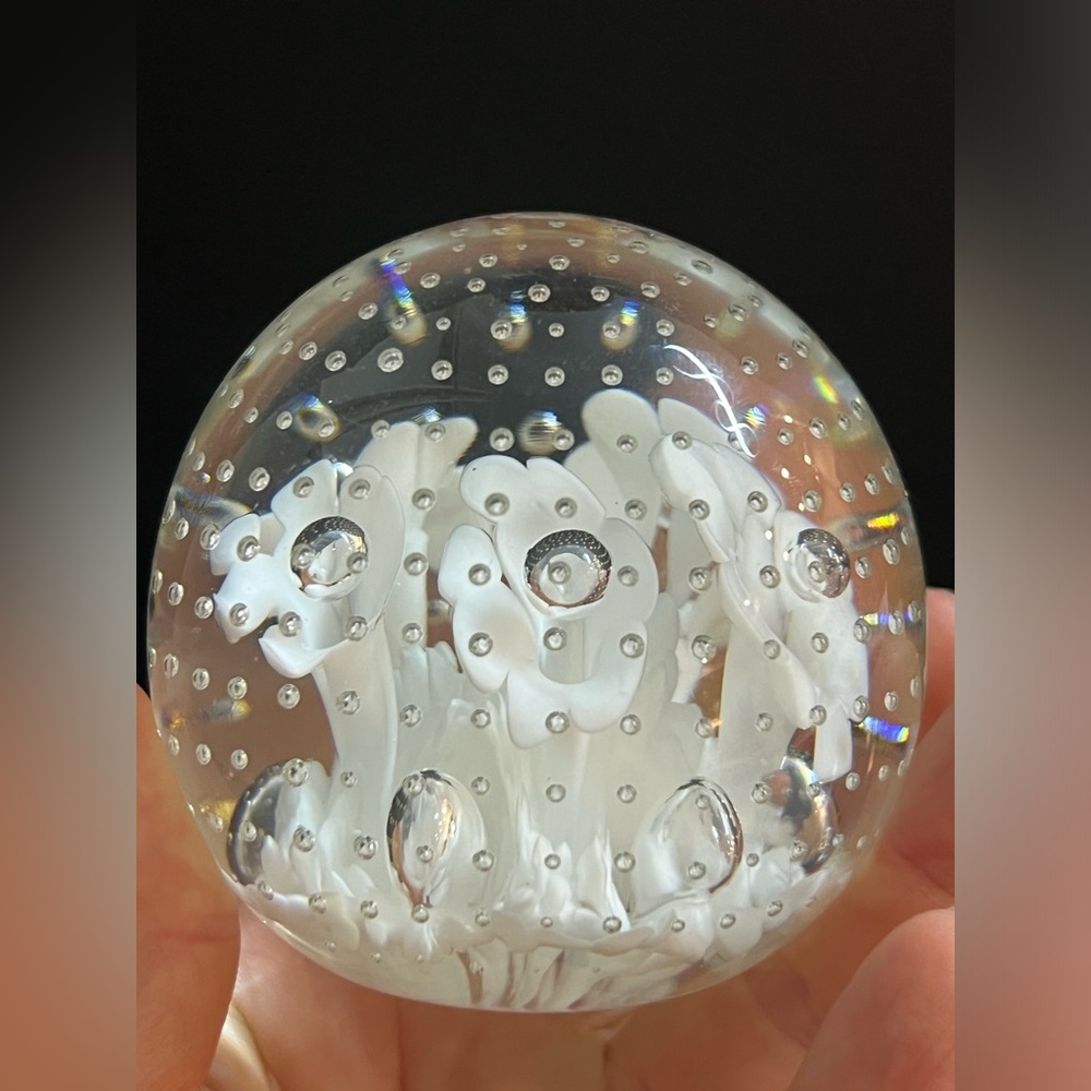 Joe Rice Art Glass Paperweight Controlled Bubbles & White Flowers ~ 3”